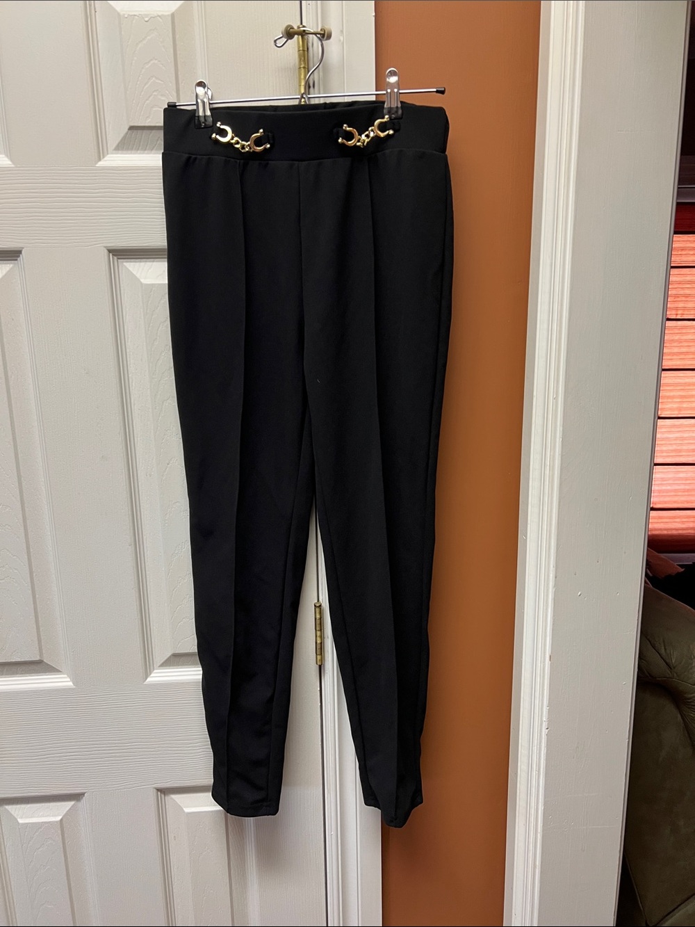 SHEIN Black Skinny Trousers with Gold Chain Accent